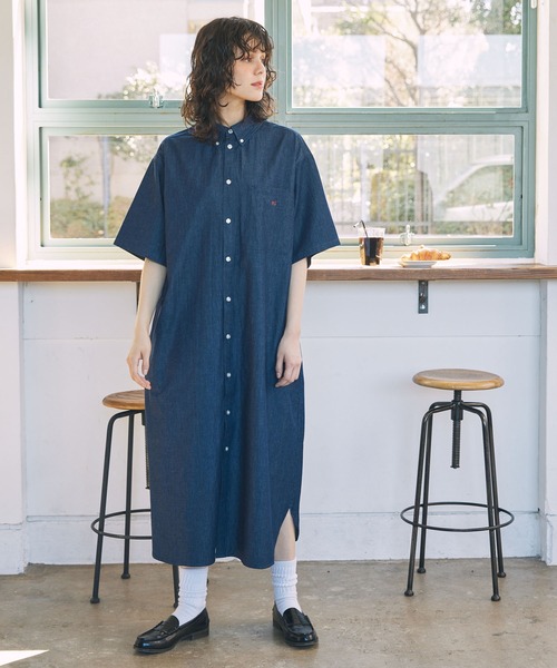 アソート ナンバリング刺繍 ボタンダウン 半袖 ロングシャツワンピース