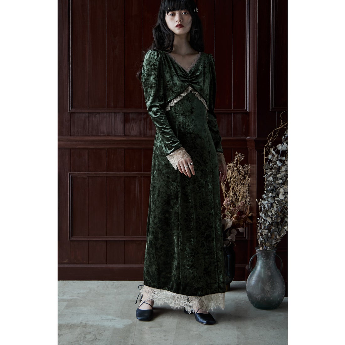 エトル etoll. クラッシュベロアランジェリー風ドレス （グリーン