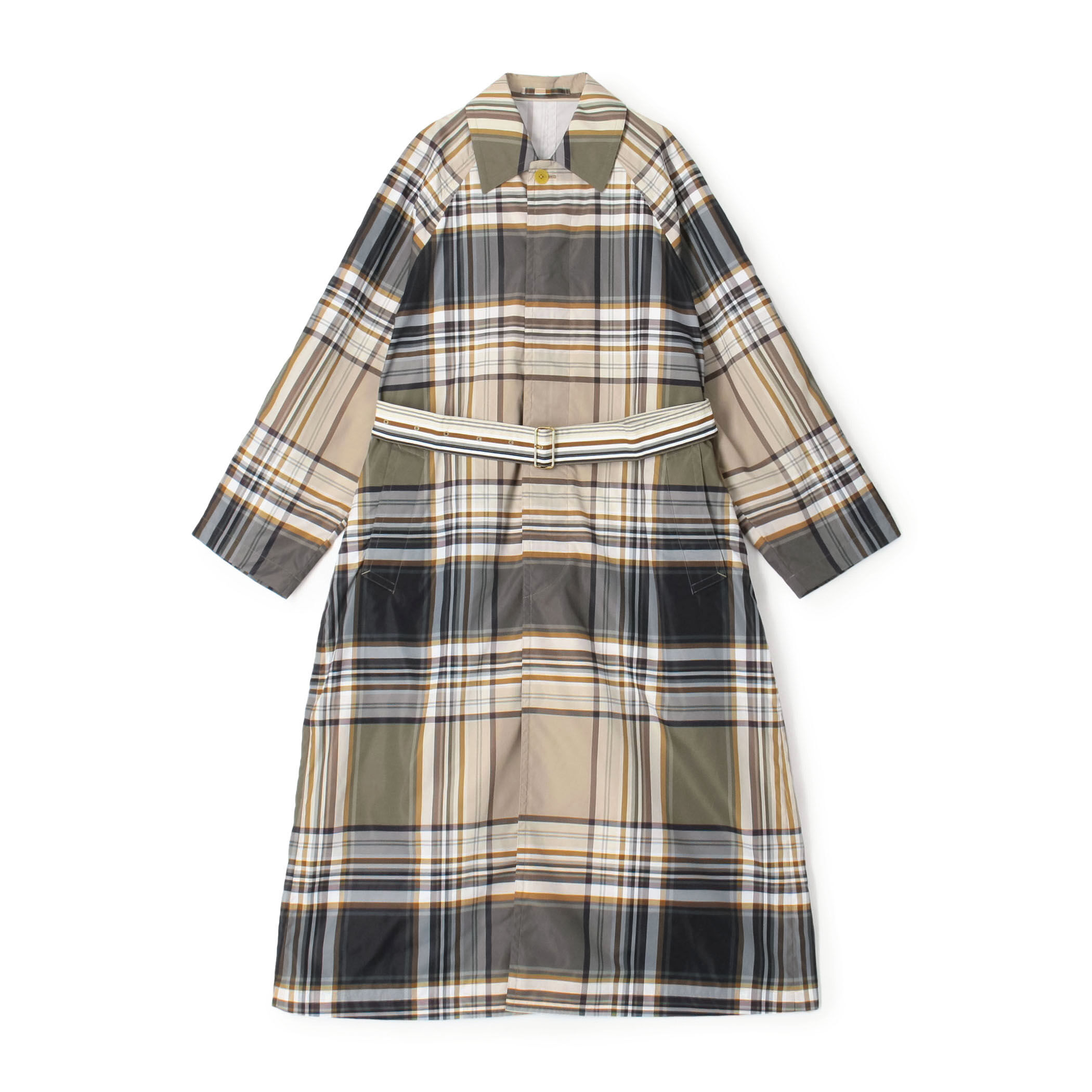 テクニカルナイロン ブロックチェックステンカラーコート