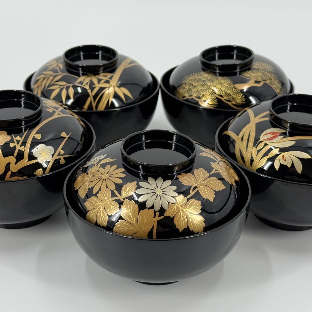 象彦 五清 吸物椀 五客セット 漆器 蒔絵 金彩 木製 高級 松竹梅蘭菊 平安象彦 黒漆塗り 稲穂 金蒔絵 吸物椀 5客セット - 生活骨董と古布の