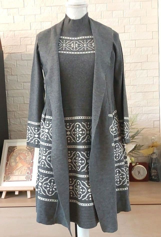 ❣️美品❣️花型モチーフ刺繍ジャガードニットチュニック ワンピースM ジャカードニットチュニックワンピース | 京都通販ミセスの